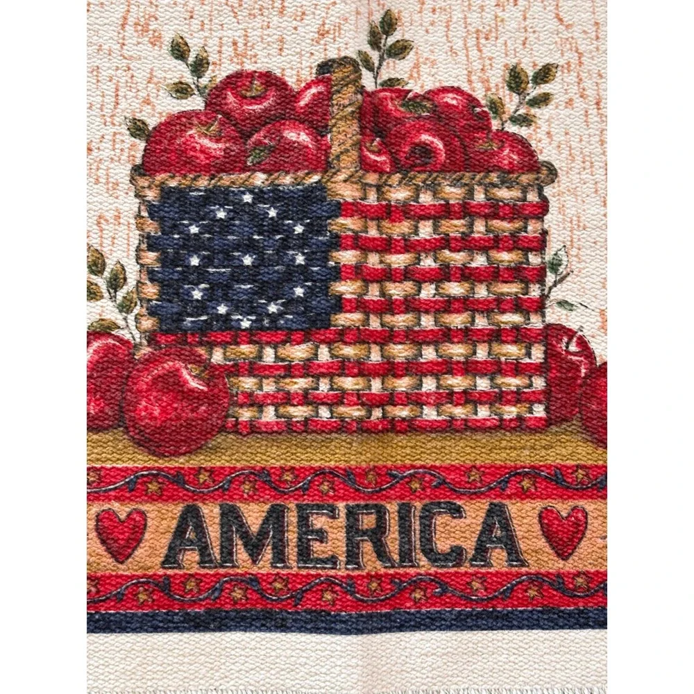 Patriotic Apple Basket Deb Strain Placemats Woven Fringe Set of 2 Cream Vintage